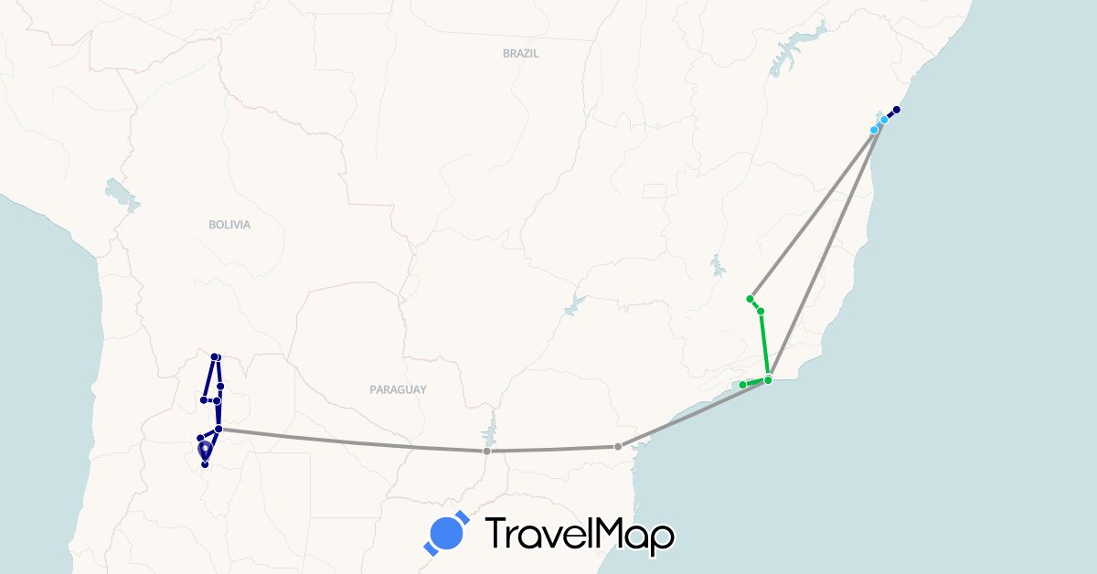 TravelMap itinerary: driving, bus, plane, boat in Argentina, Brazil (South America)